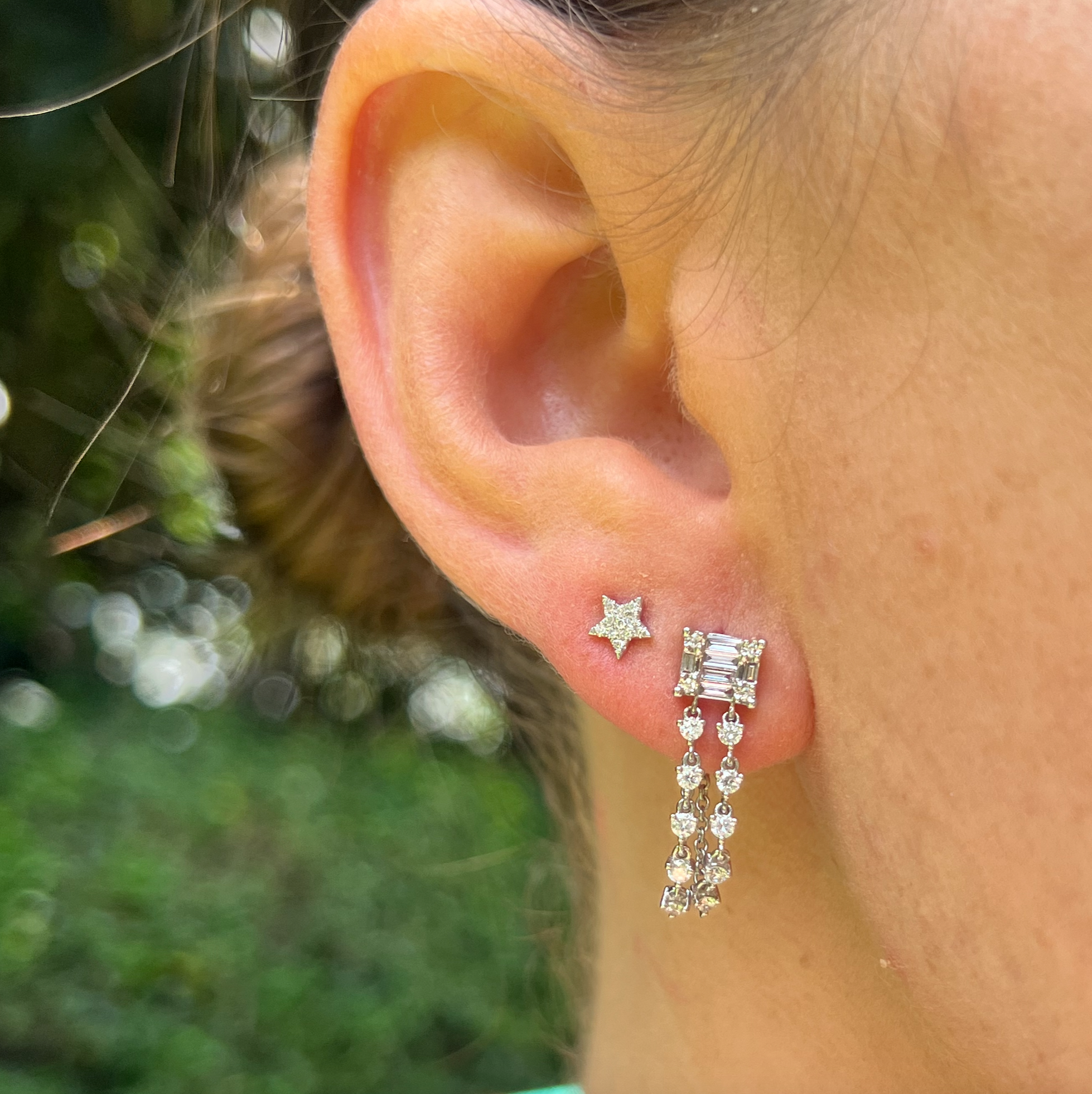 Baguette Stud With Two Diamond Chain Earrings