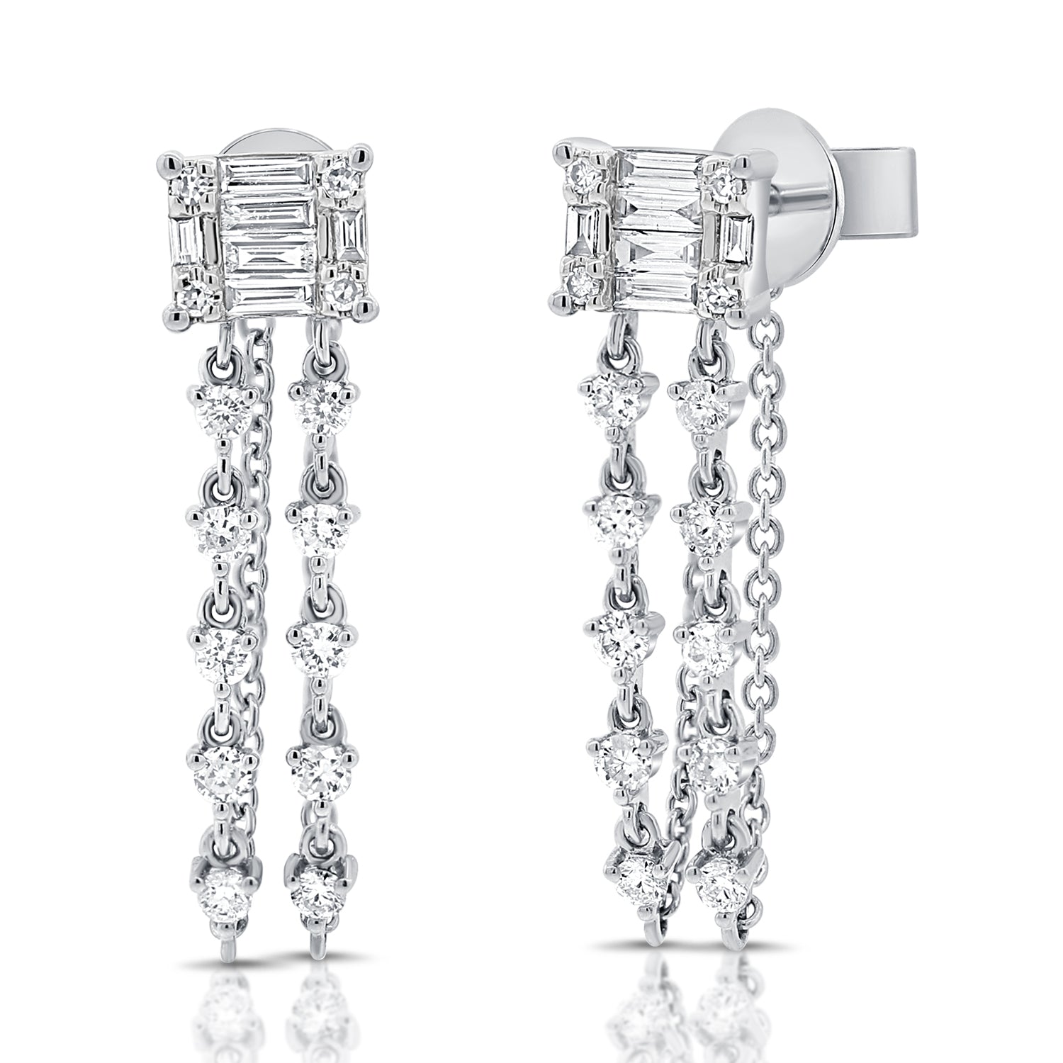 Baguette Stud With Two Diamond Chain Earrings