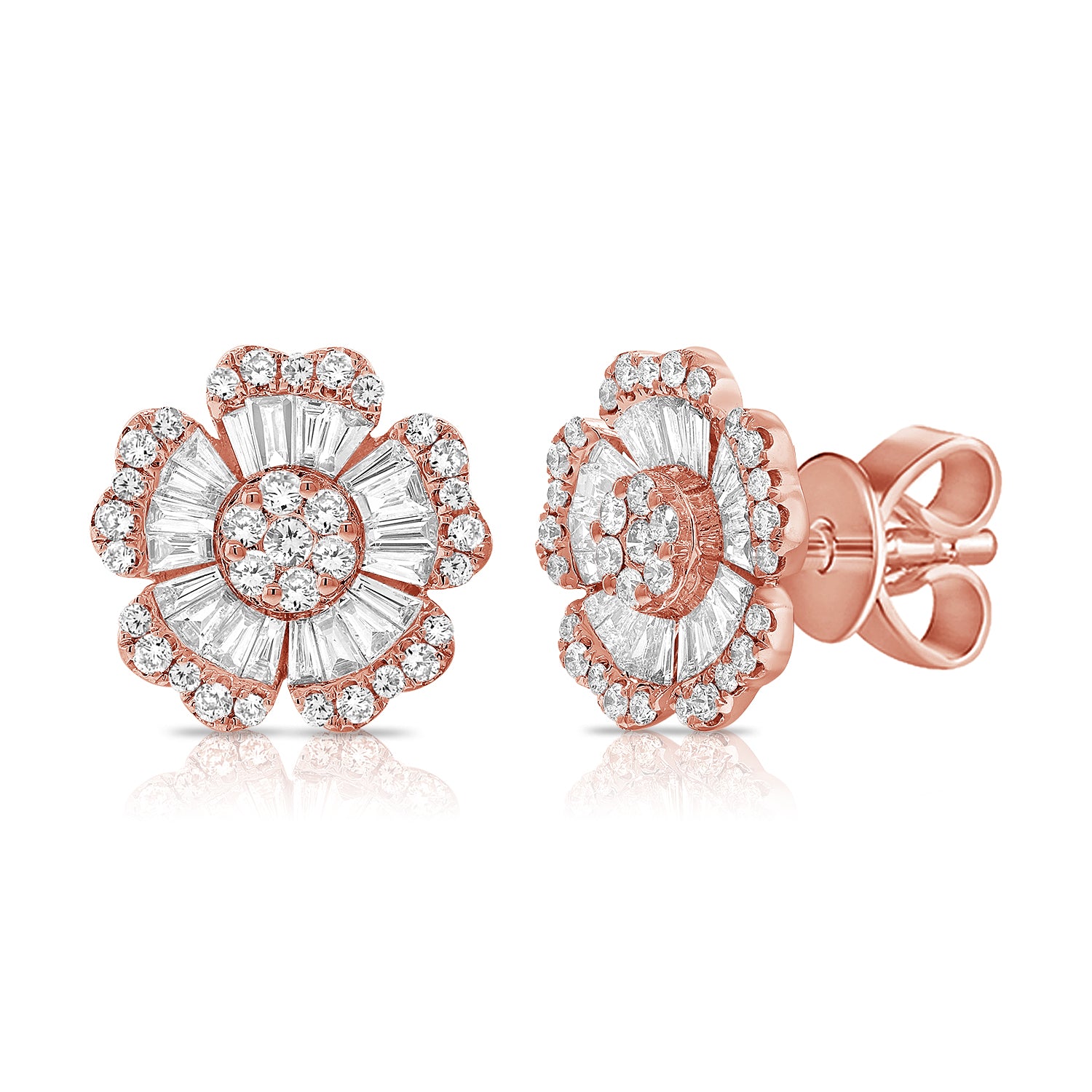 Large Baguette And Round Heart Petaled Flower Studs