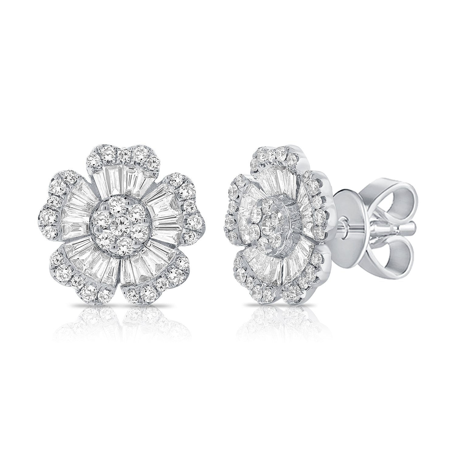 Large Baguette And Round Heart Petaled Flower Studs