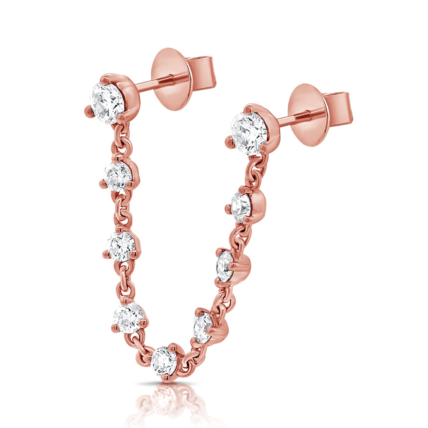 Double Diamond Studs With Diamond Chain Earrings