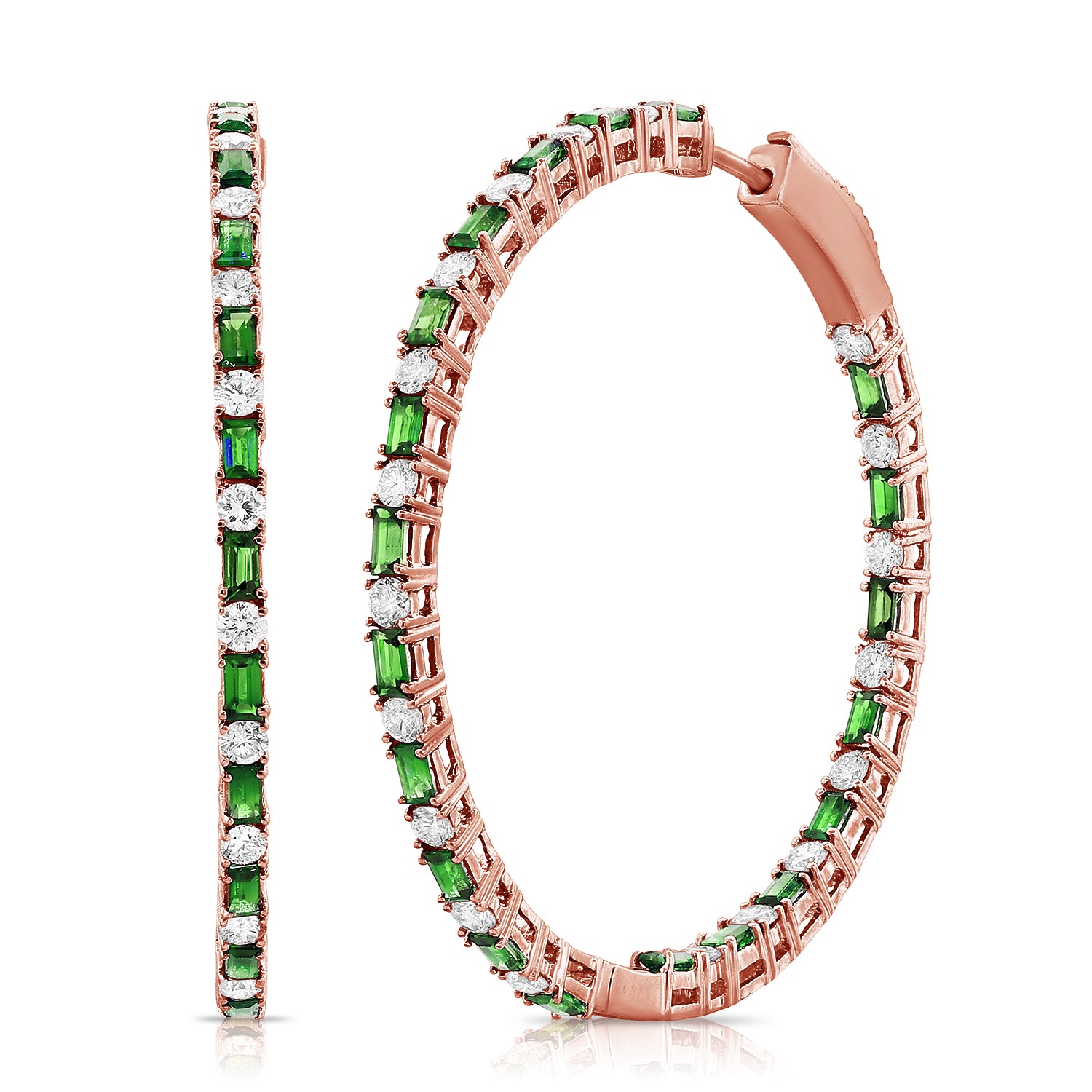 Gemstone Baguette And Round Diamond Hoops