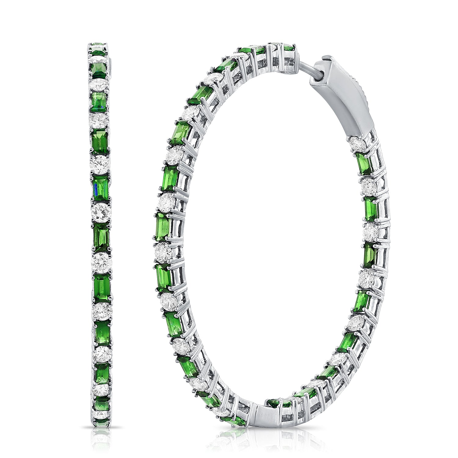 Gemstone Baguette And Round Diamond Hoops