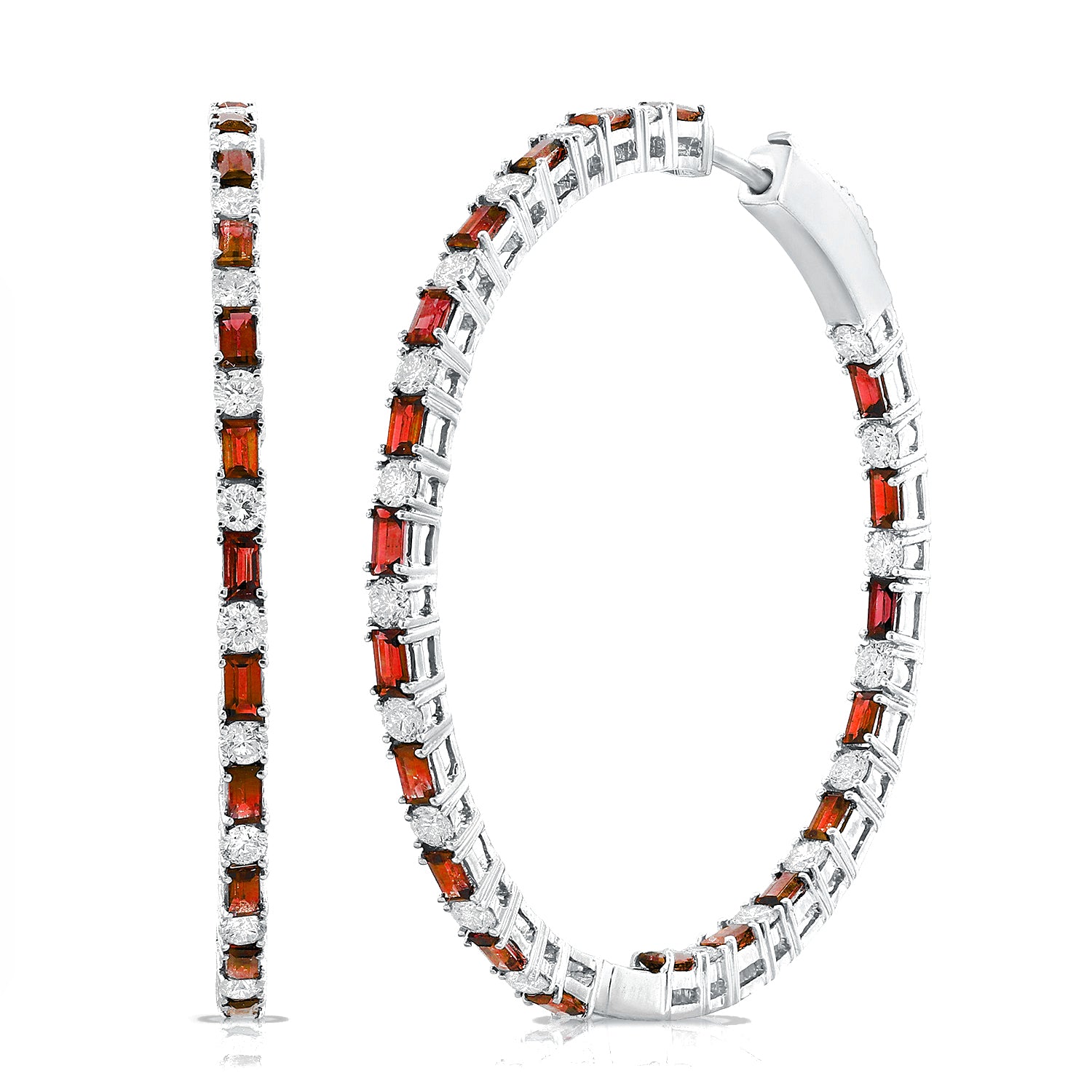 Gemstone Baguette And Round Diamond Hoops