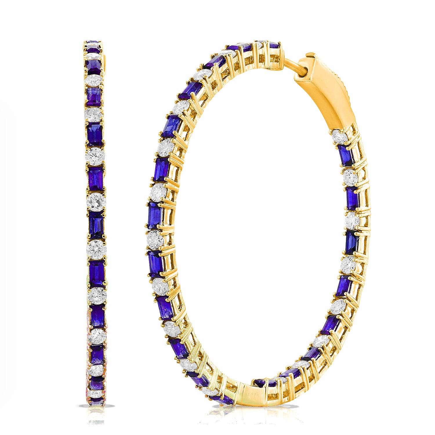 Gemstone Baguette And Round Diamond Hoops