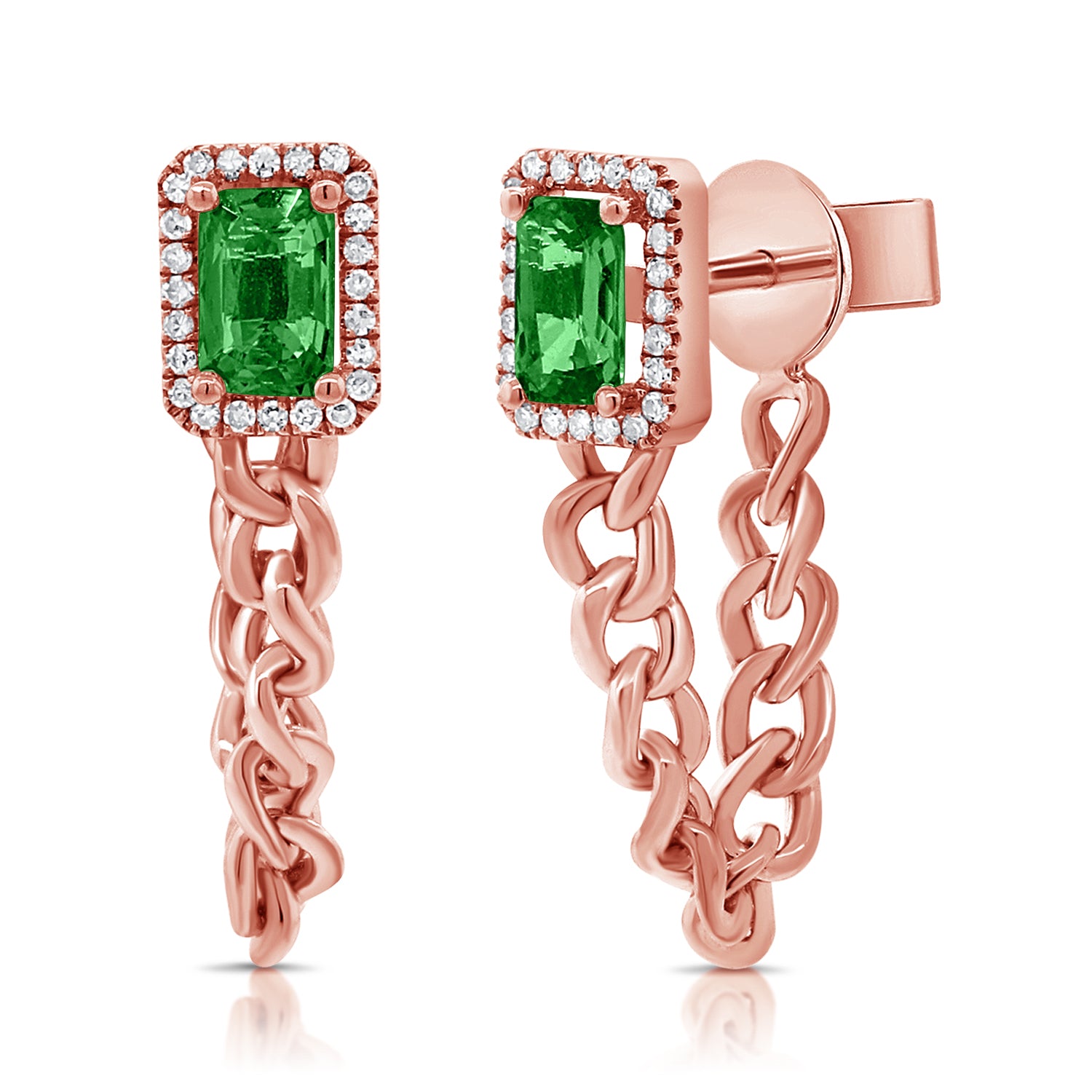 Emerald Cut Halo Cuban Chain Earrings