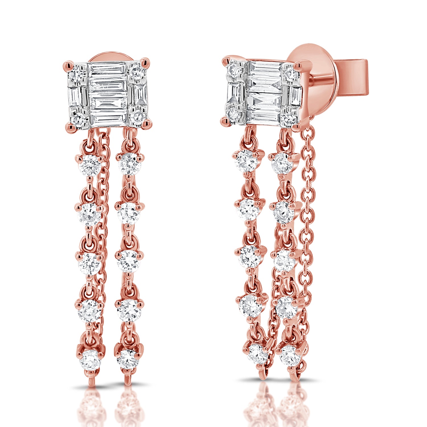 Baguette Stud With Two Diamond Chain Earrings