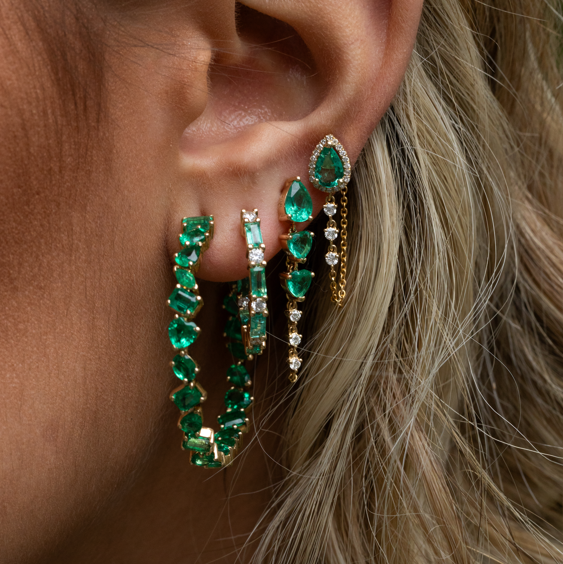 Emerald Pear And Heart With Diamond Chain Earrings