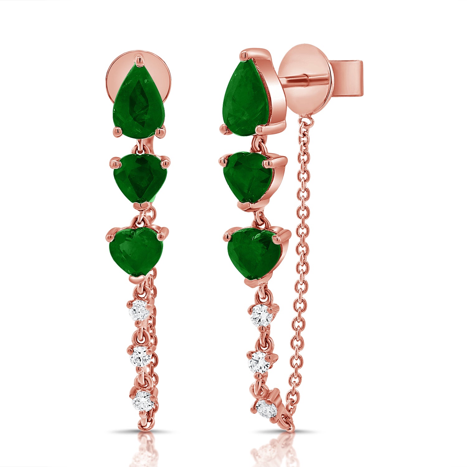 Emerald Pear And Heart With Diamond Chain Earrings