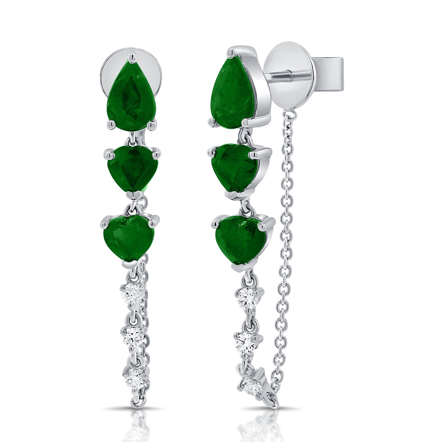 Emerald Pear And Heart With Diamond Chain Earrings