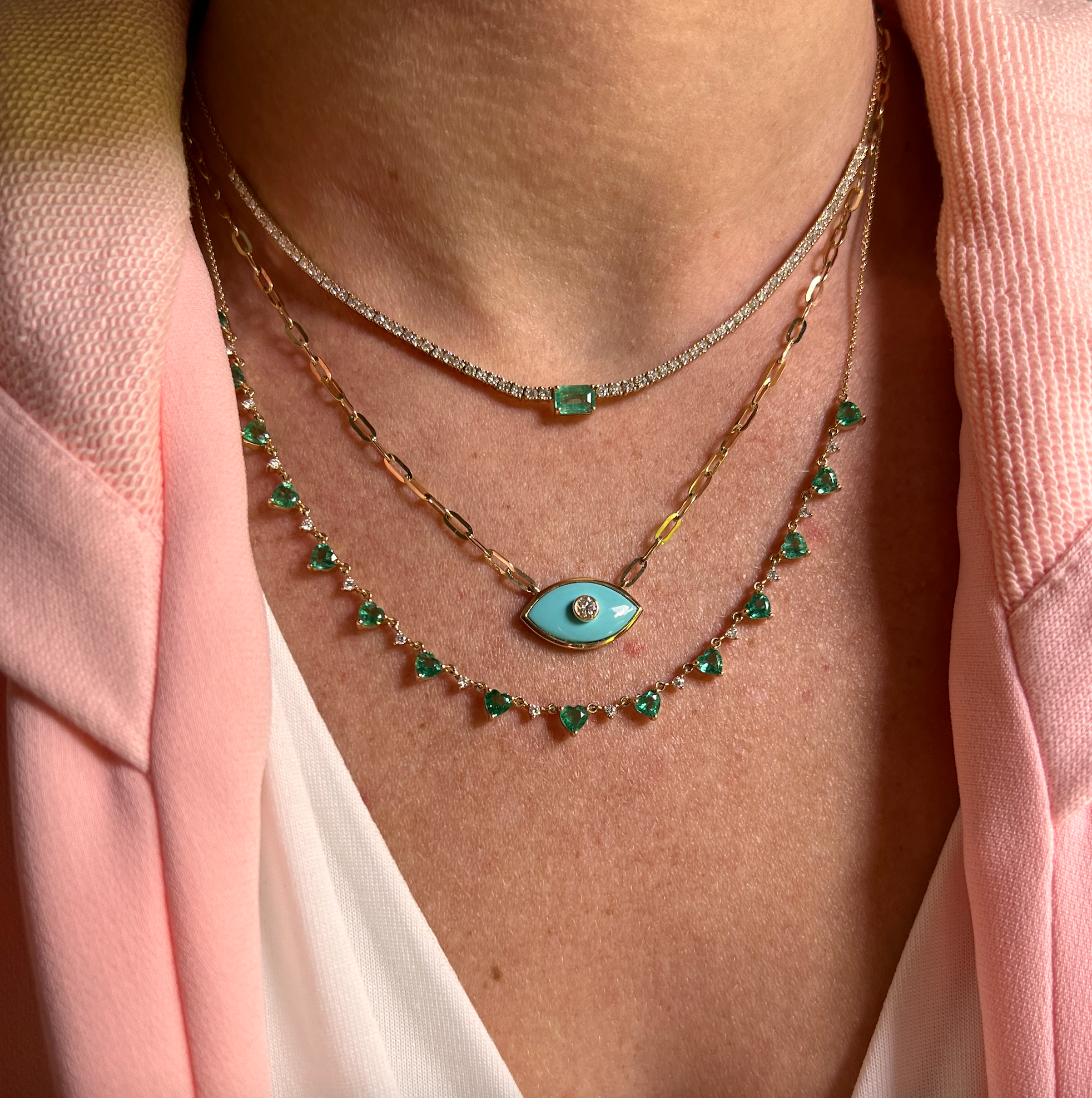 Heart Gemstone And Diamond Half Tennis Necklace