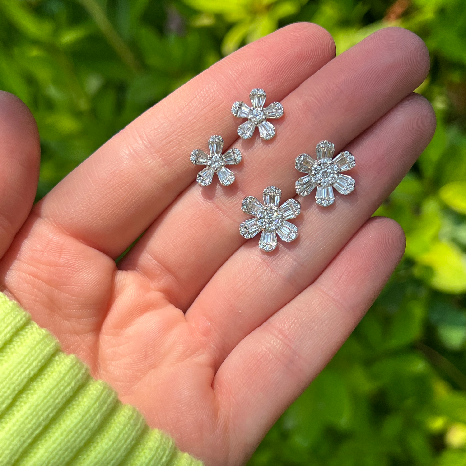 Medium Baguette And Round Diamond Flower Studs