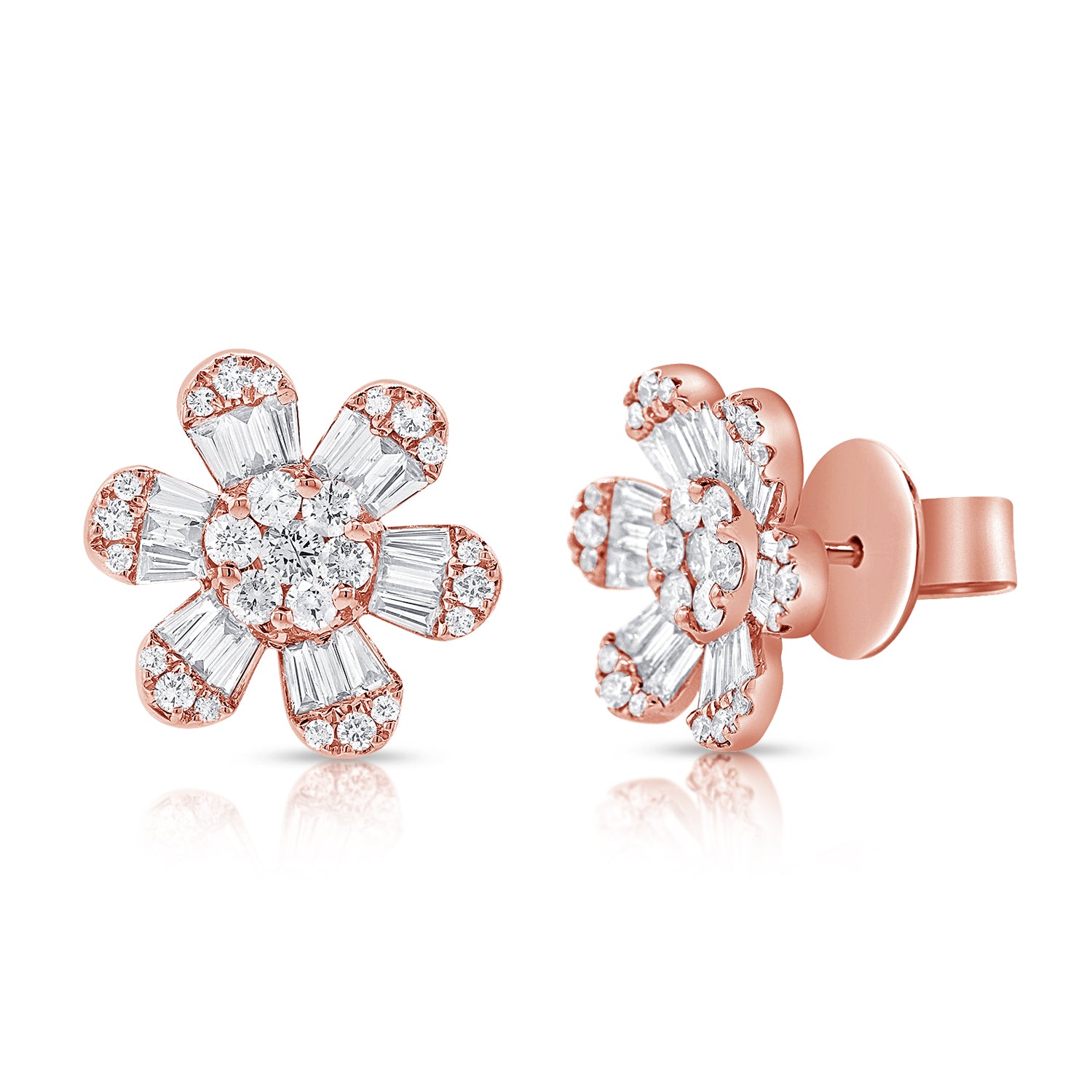 Medium Baguette And Round Diamond Flower Studs