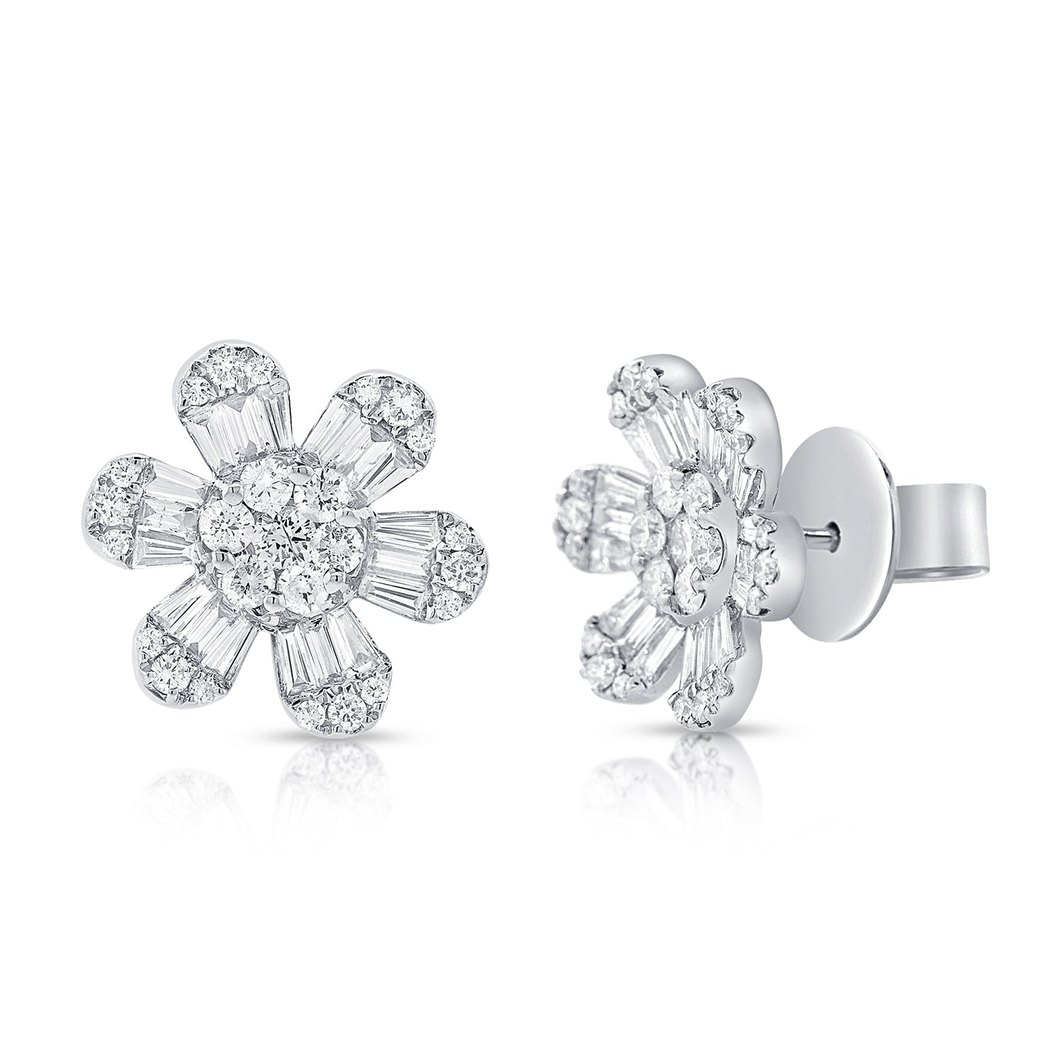 Medium Baguette And Round Diamond Flower Studs