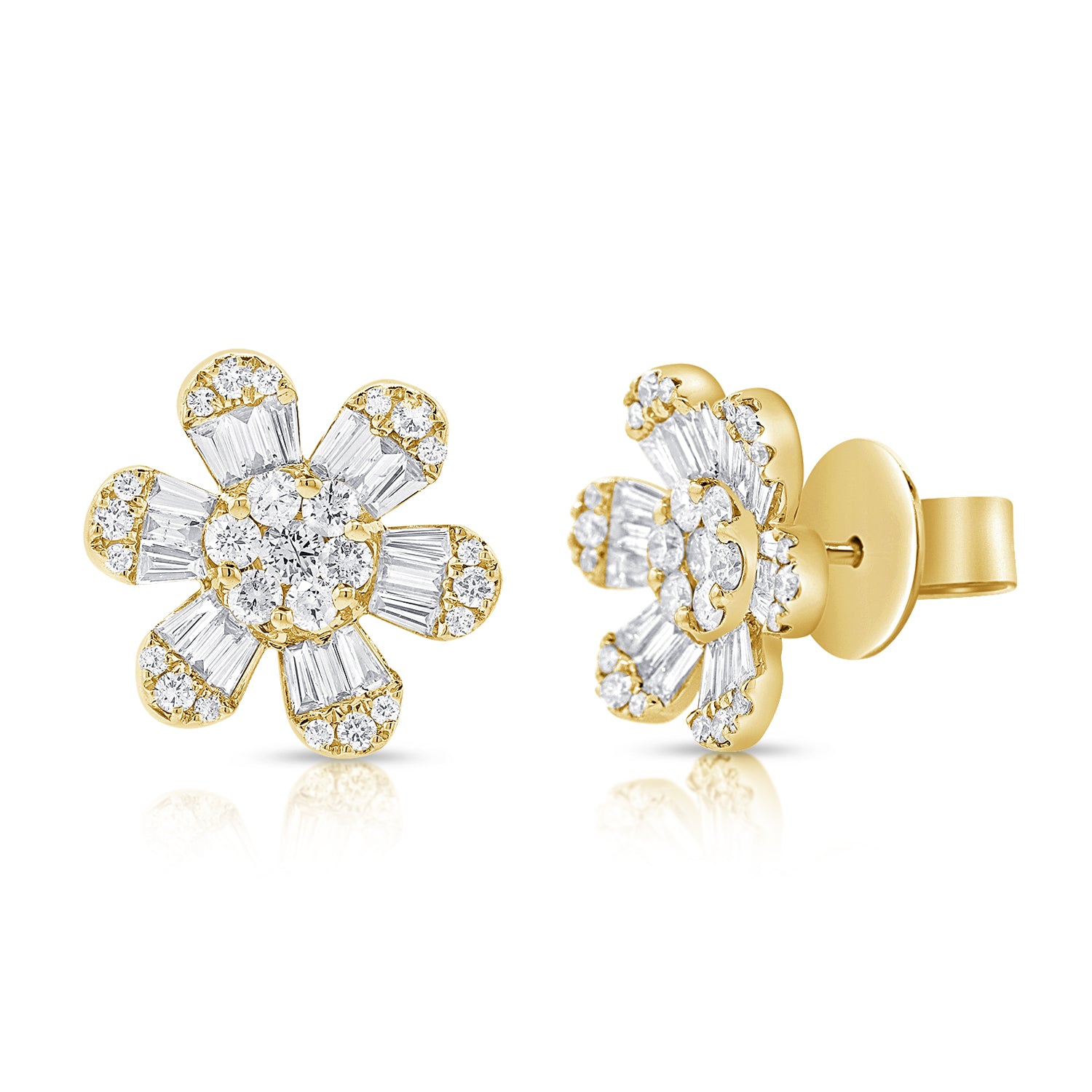 Medium Baguette And Round Diamond Flower Studs