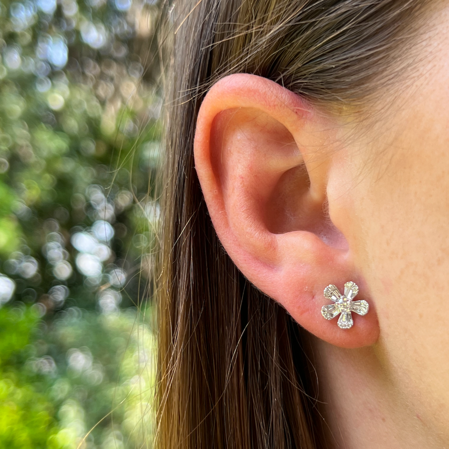 Pointy Baguette And Round Diamond Flower Studs