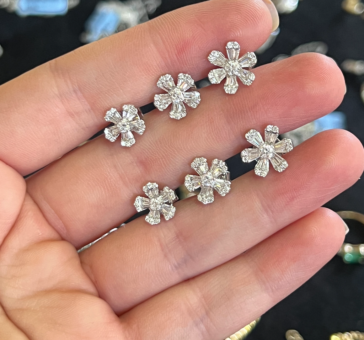 Pointy Baguette And Round Diamond Flower Studs