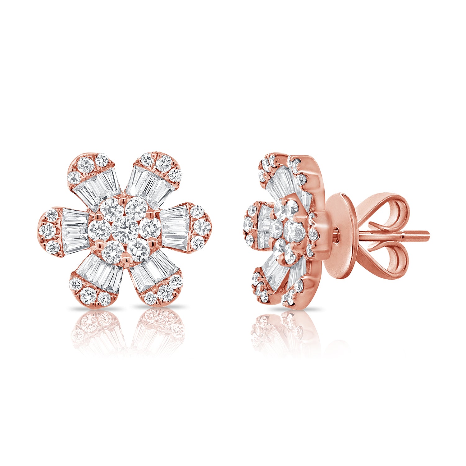 Medium Baguette And Round Diamond Flower Studs