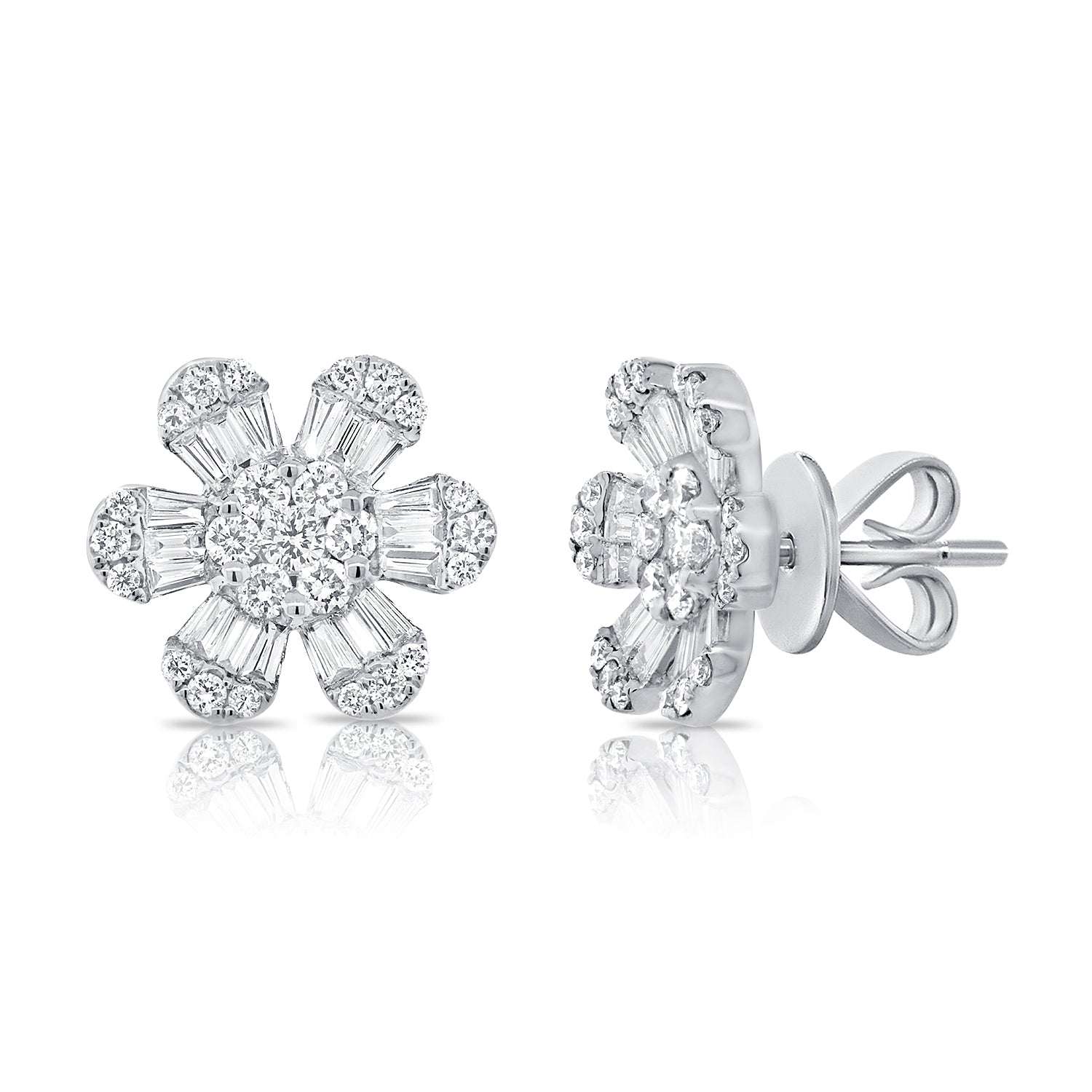 Medium Baguette And Round Diamond Flower Studs