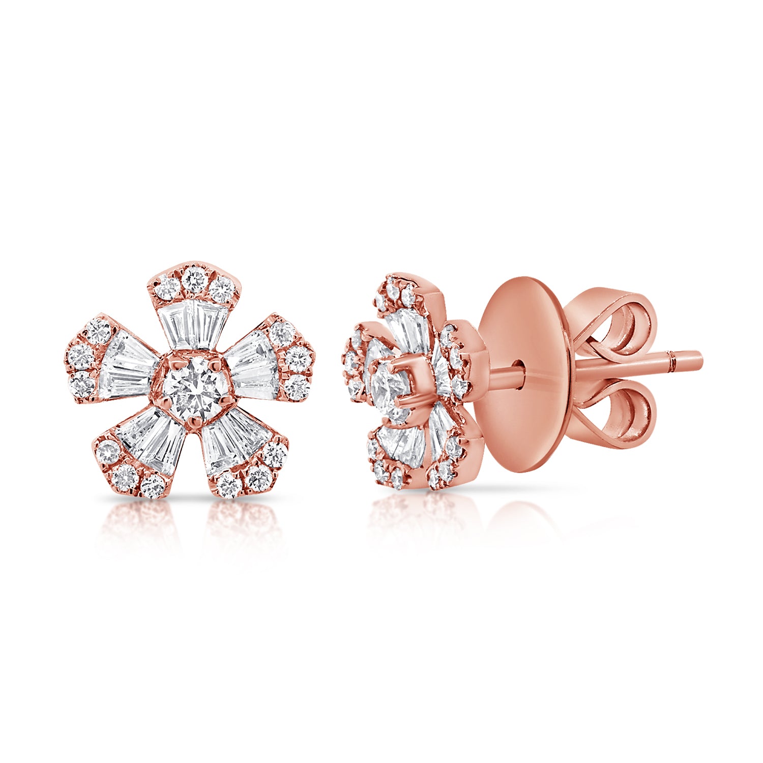 Pointy Baguette And Round Diamond Flower Studs