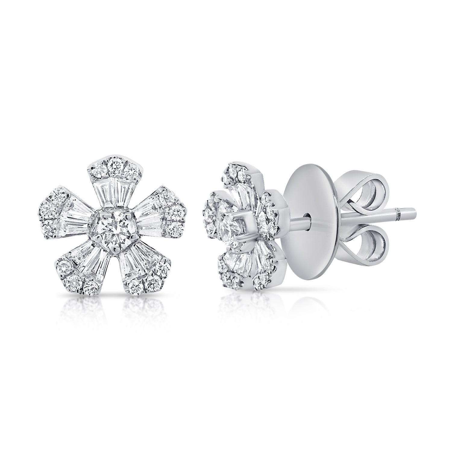 Pointy Baguette And Round Diamond Flower Studs