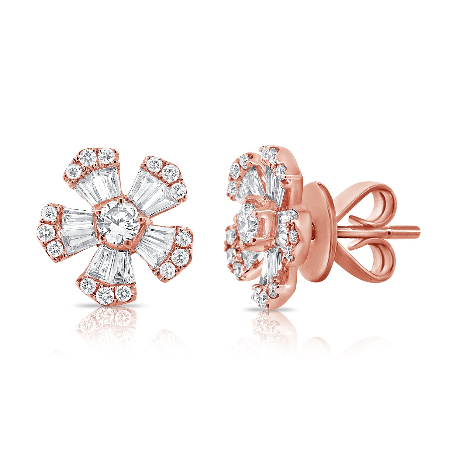 Pointy Baguette And Round Diamond Flower Studs