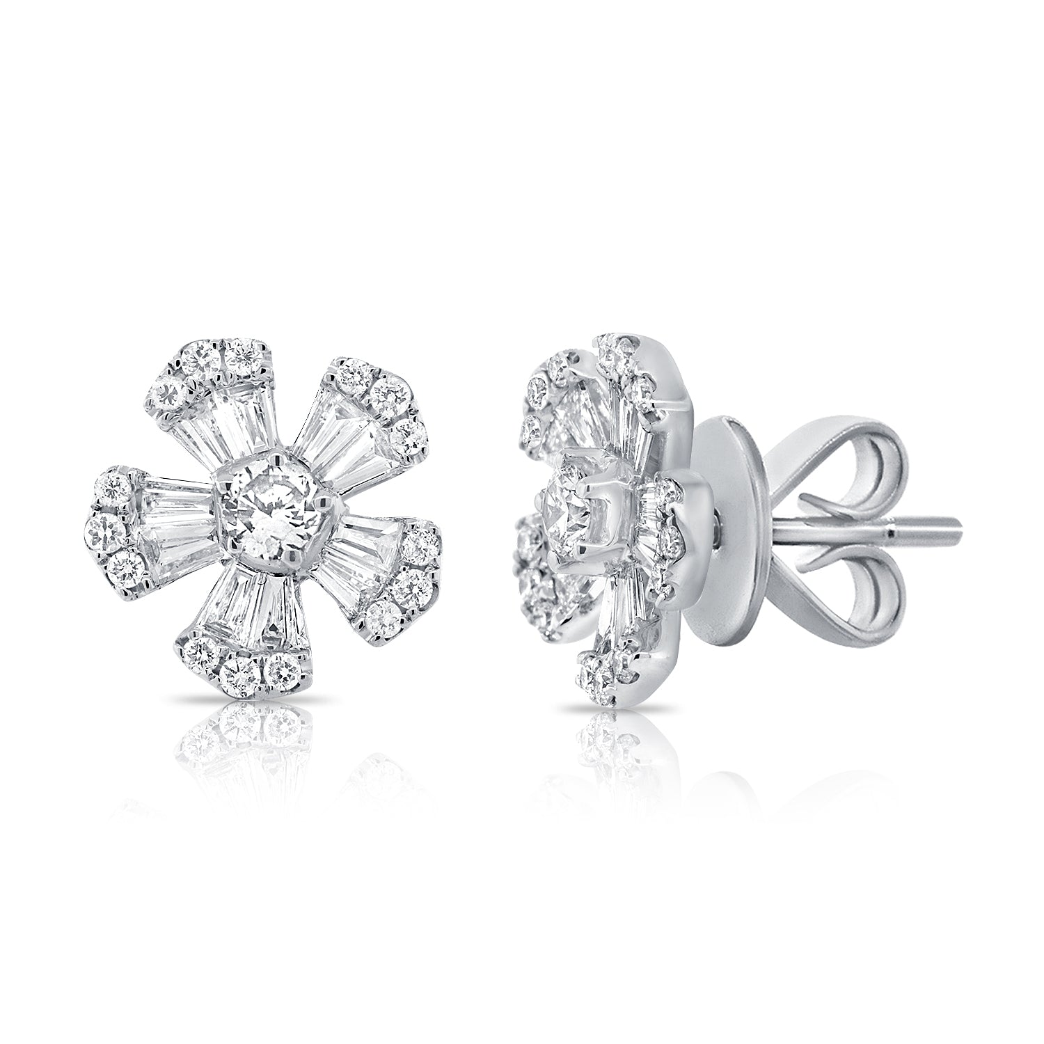 Pointy Baguette And Round Diamond Flower Studs