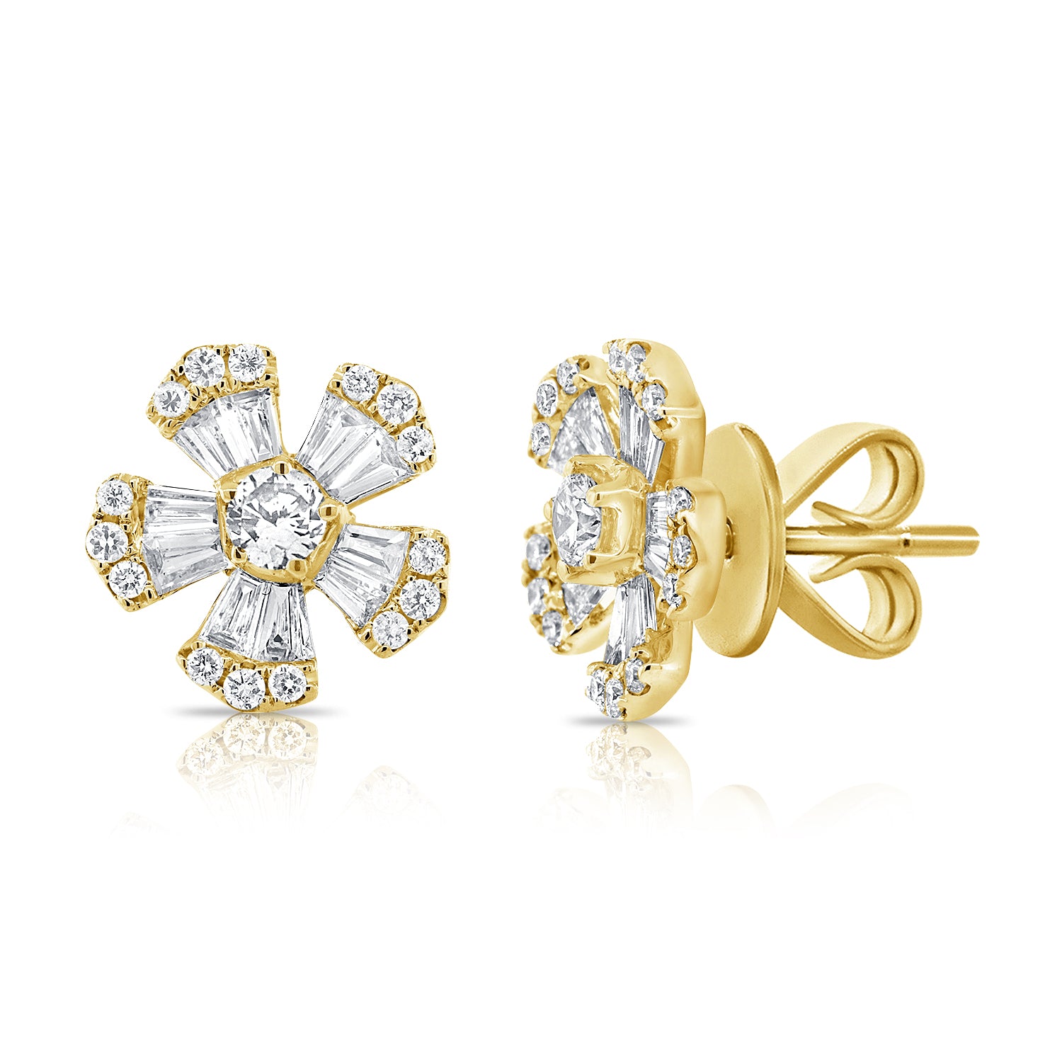 Pointy Baguette And Round Diamond Flower Studs