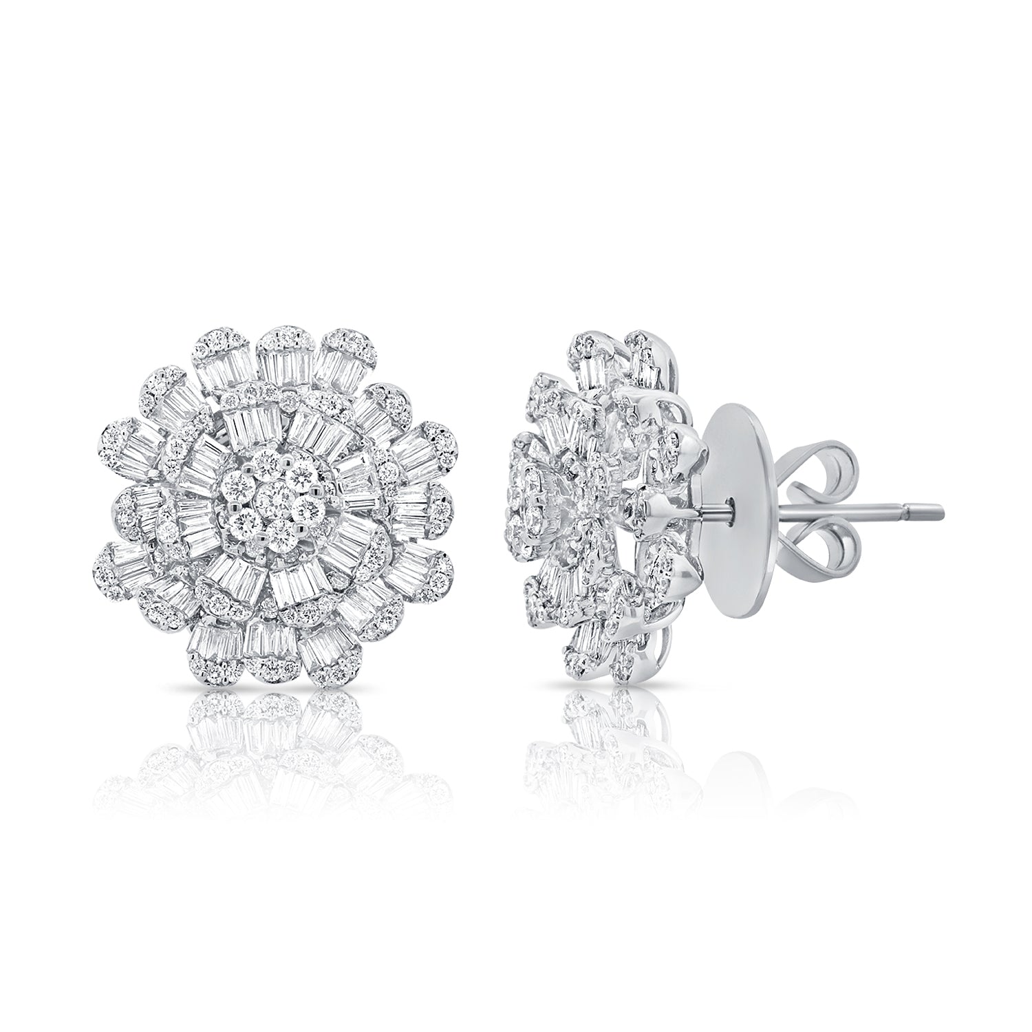 Baguette And Round Diamond Three Layered Flower Earrings