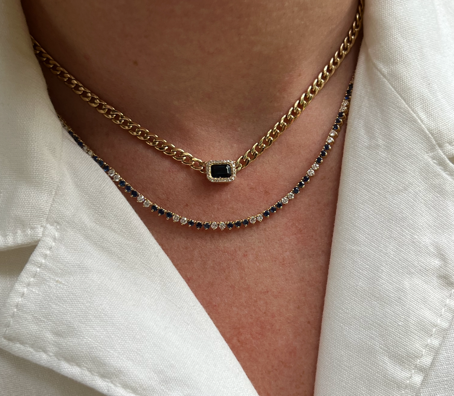 Three Prong Gemstone And Diamond Tennis Necklace