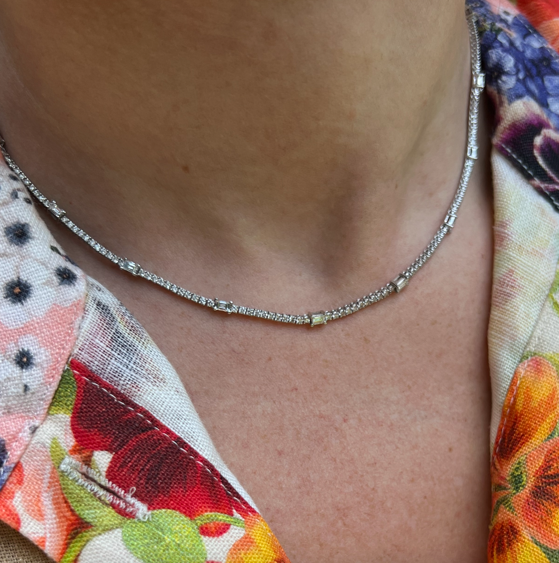 Classic Diamond Tennis Necklace With Baguette Diamonds