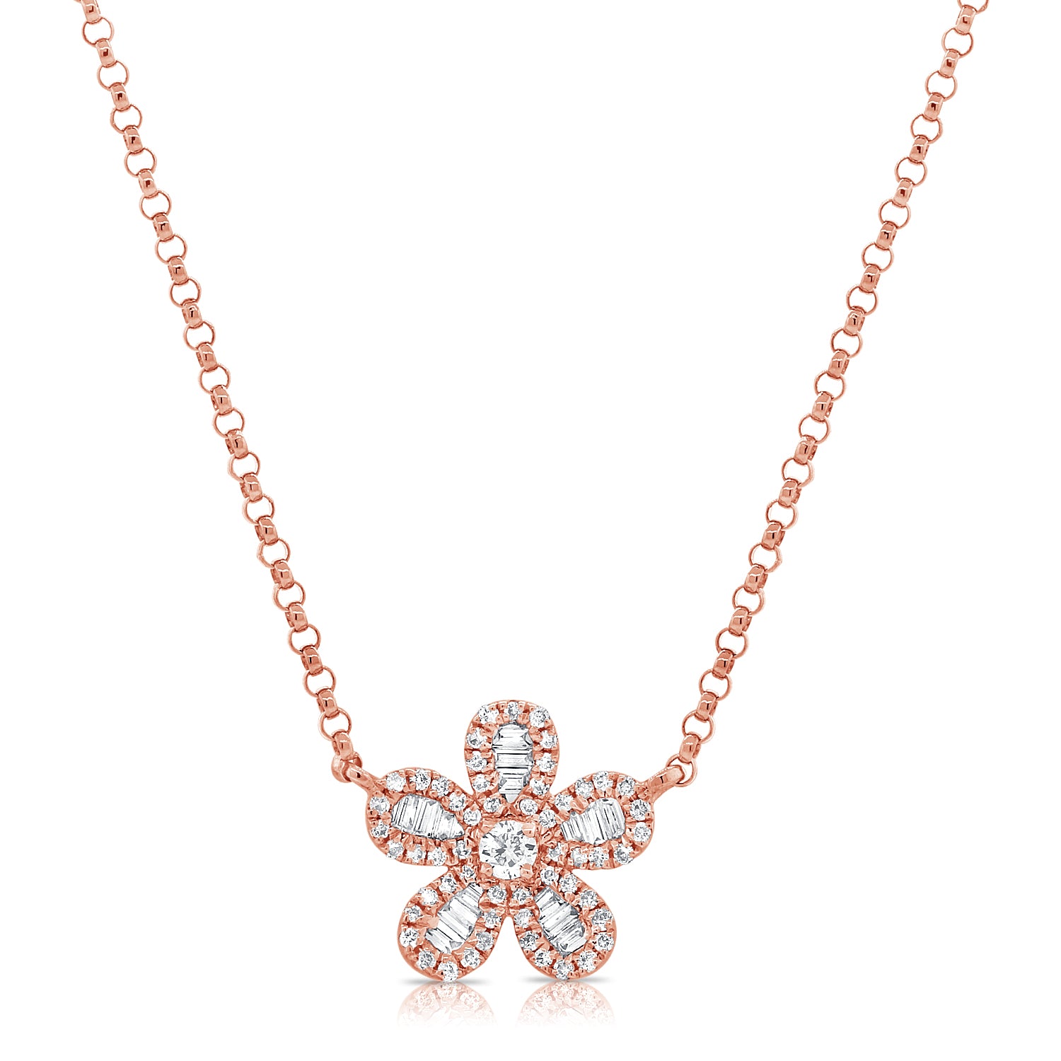 Rounded Baguette Halo Flower Necklace