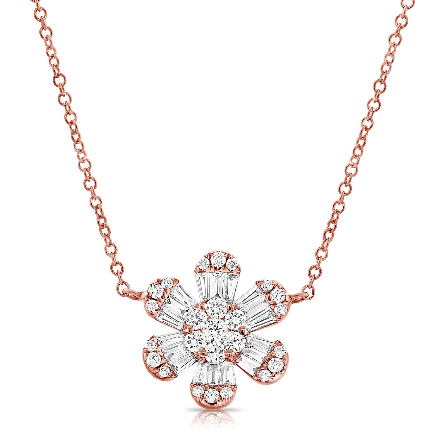 Pointy Baguette And Round Diamond Flower Necklace