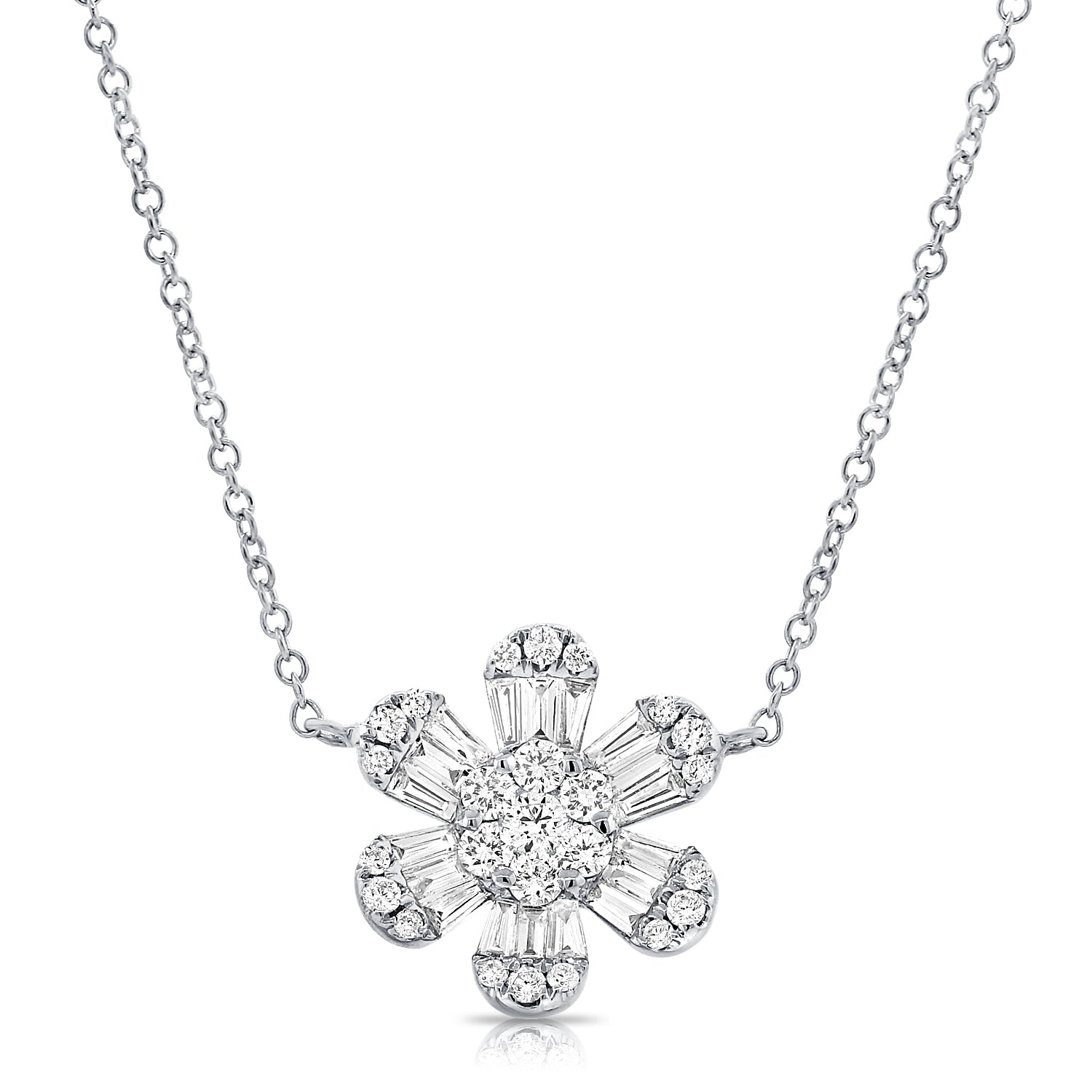 Pointy Baguette And Round Diamond Flower Necklace