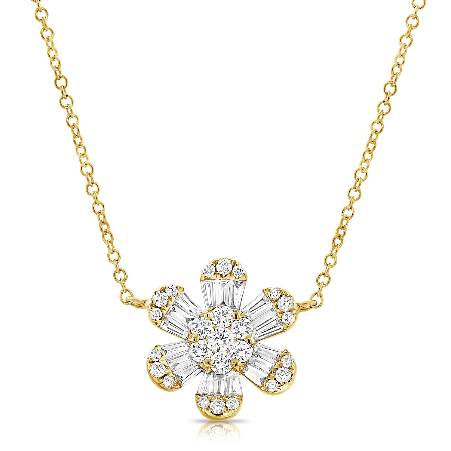 Pointy Baguette And Round Diamond Flower Necklace