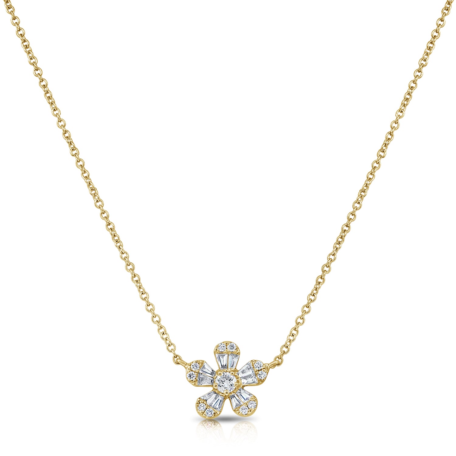 Pointy Baguette And Round Diamond Flower Necklace