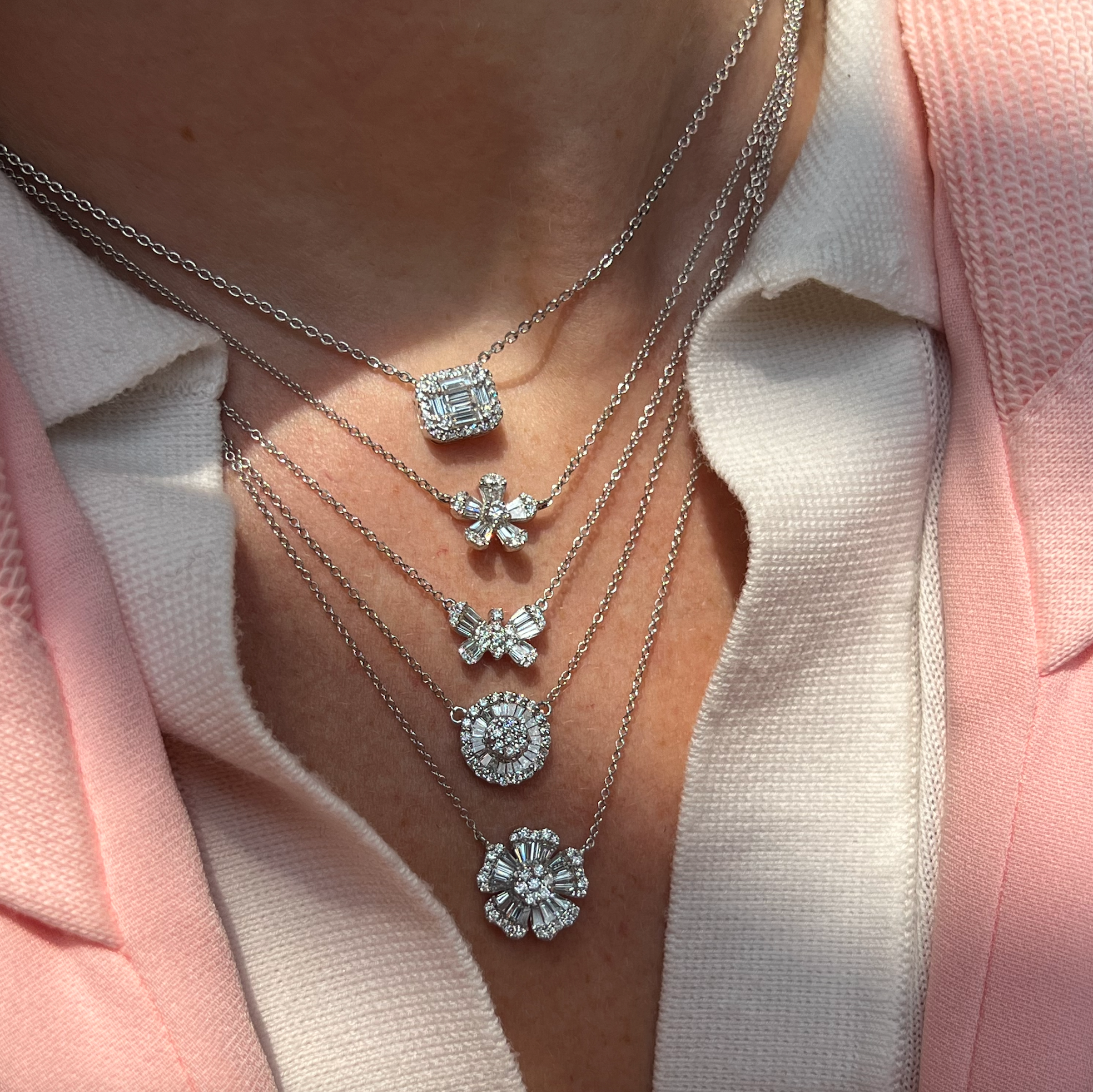 Pointy Baguette And Round Diamond Flower Necklace