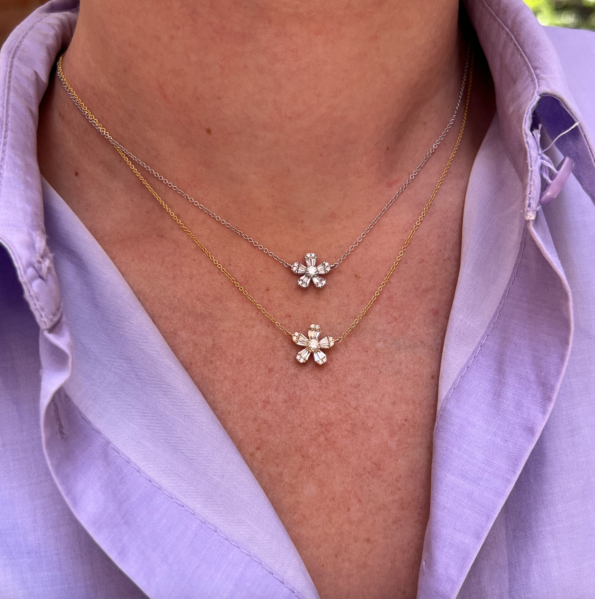 Pointy Baguette And Round Diamond Flower Necklace