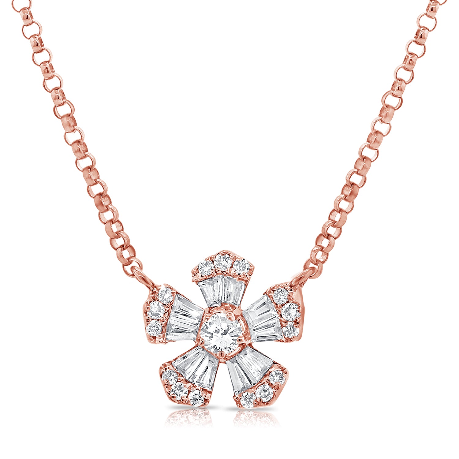 Pointy Baguette And Round Diamond Flower Necklace