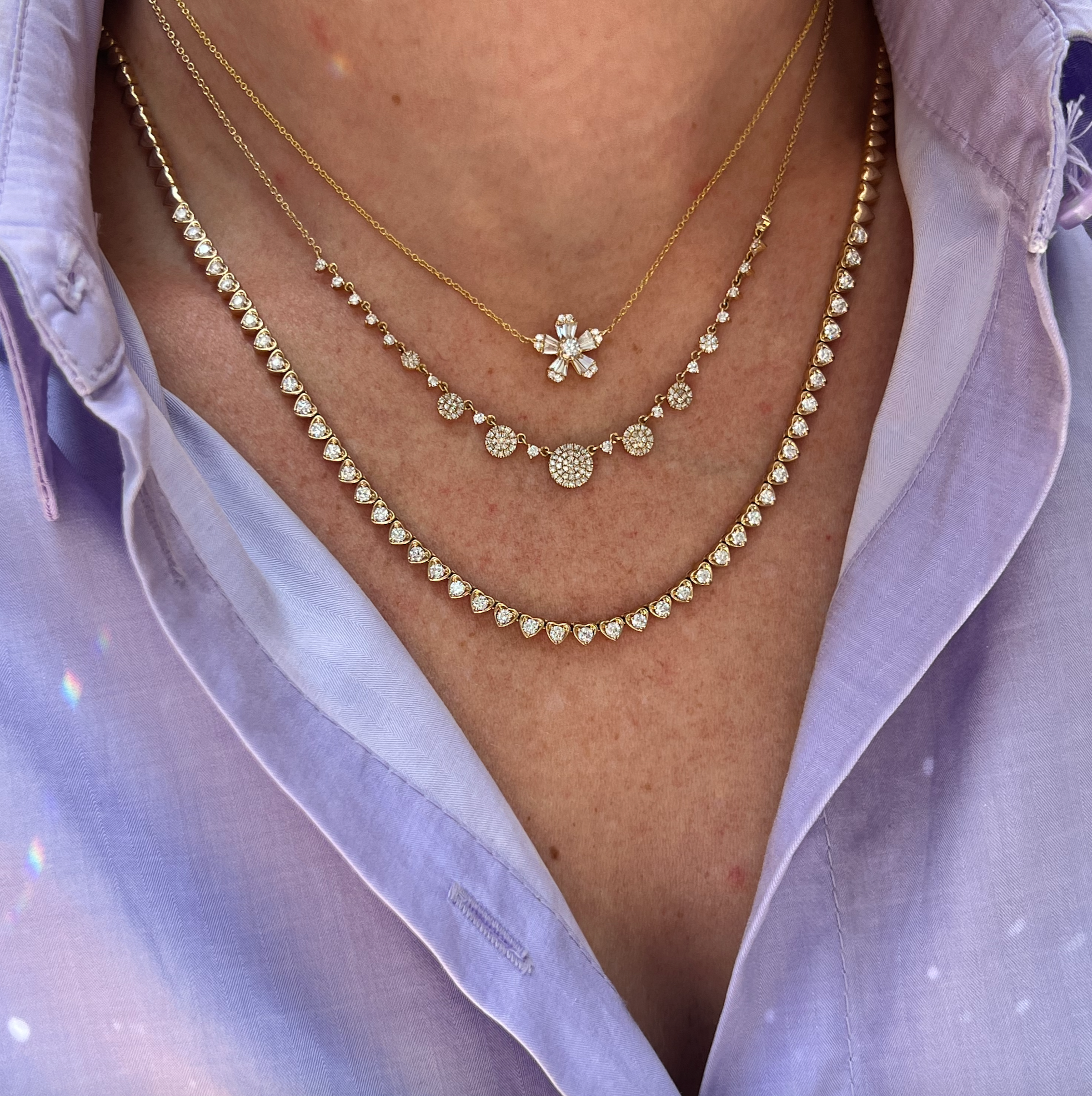 Pointy Baguette And Round Diamond Flower Necklace