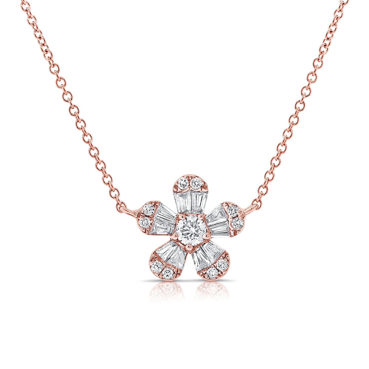 Pointy Baguette And Round Diamond Flower Necklace