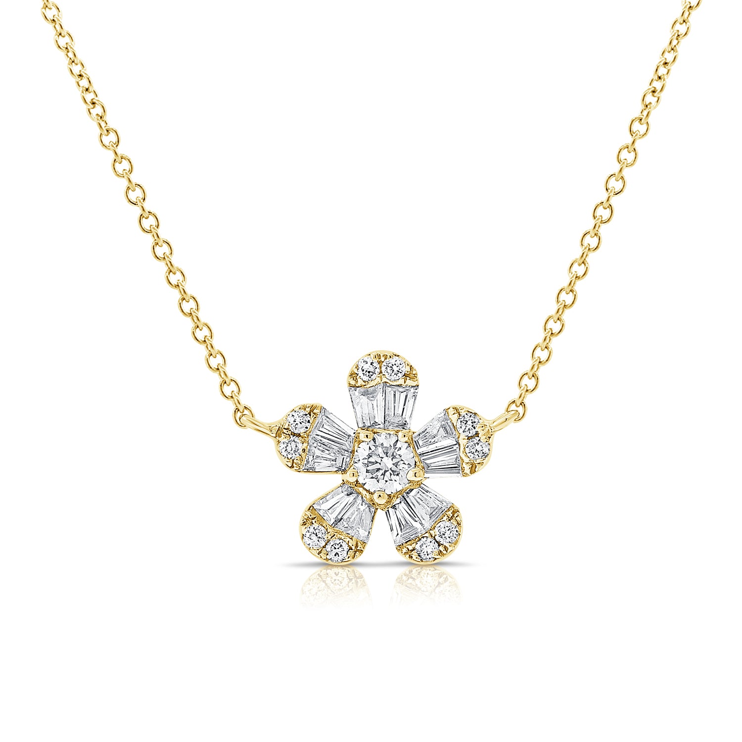 Pointy Baguette And Round Diamond Flower Necklace